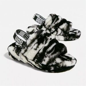 UGG Fur Fluff Yeah Marble Slide Slippers Shearling Slingback Black & White Sz 9